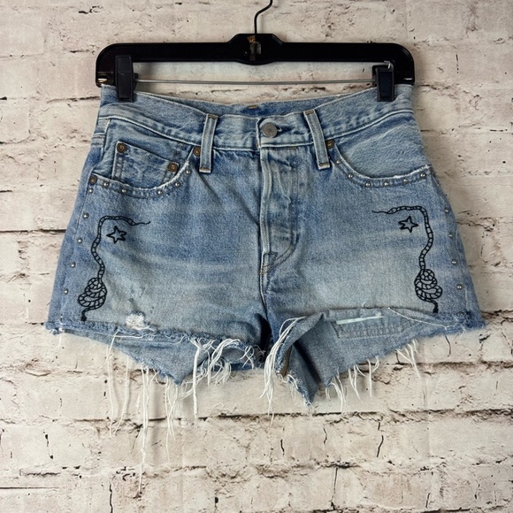 Levis 501 Limited Edition Denim Shorts Size 25 Snake Studs Embroidered Taylor XX - Picture 1 of 8